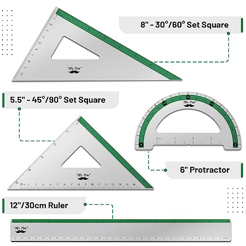 Mr. Pen- Metal Geometry Kit, 4 Pack, 45° & 30°/60° Set Squares - color: Green Stripes