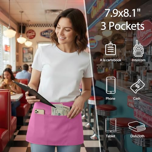 BOHARERS 3 Pack Pink Waitress Aprons - Women Server Apron Waiter Server Short Aprons 24x12 Inches - color: 3 Pack Pink