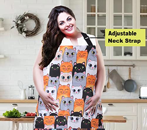 Plus Size Adjustable Bib Apron Water Resistant Canvas Extra Wide Long Ties Aprons with 2 Pockets Kitchen Cooking Gardening - color: Cat