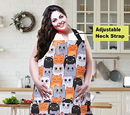 Plus Size Adjustable Bib Apron Water Resistant Canvas Extra Wide Long Ties Aprons with 2 Pockets Kitchen Cooking Gardening - color: Cat
