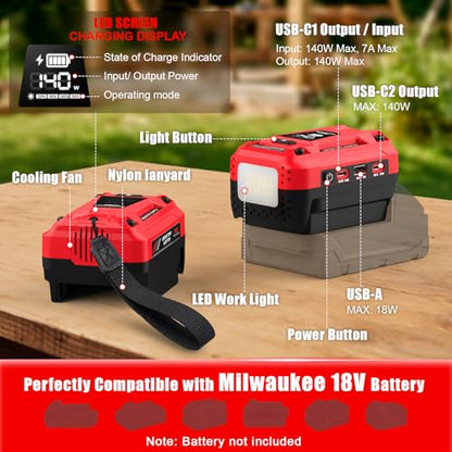 140W USB Battery Charger Compatible with Milwaukee 18V Battery - color: Red