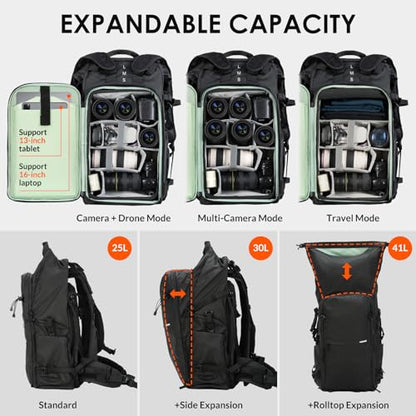 TARION Extra Large Camera Backpack 35L Expandable Rolltop XProber Black - style: Xprober Backpack