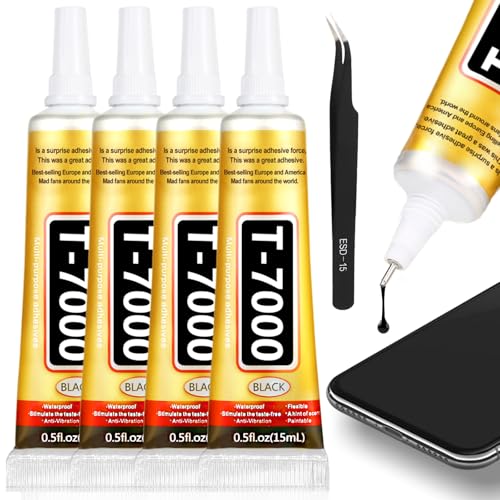 T-7000 Black Glue Adhesive, 4 x 15ML T7000 Adhesive Glue with Tweezers Precision Repairs Glue for Cell Phone Screen Electronics DIY Jewelry Making Crafts - color: 4 X 15 ML