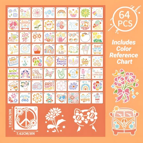 Hippy Stencils for Painting, 64 Pcs 3 Inch for Cards Rocks Crafts - color: Hippy