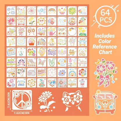 Hippy Stencils for Painting, 64 Pcs 3 Inch for Cards Rocks Crafts - color: Hippy