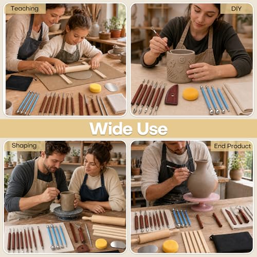 34Pcs Clay Sculpting Tools Include Clay Pottery Carving Tool Wood Rolling Pin Portable Wedging Board Linen Tablecloth 5 Size Teaching Rolling Mud Stick Guide for Crafts Arts Ceramics Pottery Tools
