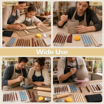 34Pcs Clay Sculpting Tools Include Clay Pottery Carving Tool Wood Rolling Pin Portable Wedging Board Linen Tablecloth 5 Size Teaching Rolling Mud Stick Guide for Crafts Arts Ceramics Pottery Tools