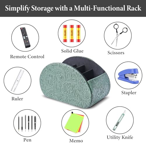 Remote Control Holder, PU Leather Remote Caddy Desktop Organizer with 5 Spacious Compartments for TV Remotes/Media Controllers/Office Supplies (1-Carved3 Green1 - color: 1-Carved3 Green1