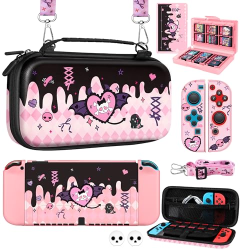 Gurgitat 8in1 Kits Accessories Bundle for Nintendo Switch OLED 2021 - Cute Carrying Case, Protective Cover, Joy Con Grips, Thumb Grips, 24 Game Holder, Shoulder Strap Teens Boys Girls, Skull - color: Skull, size: for Nintendo Switch OLED 2021