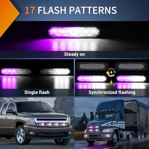 Nilight 6LED Emergency Strobe Lights 4PCS Ultra Slim Surface Mount Hazard Caution Light bar 12-24V Sync Feature Warning Flashing Light kit for Truck Car Vehicle ATV SUV UTV Purple and White - color: Purple and White