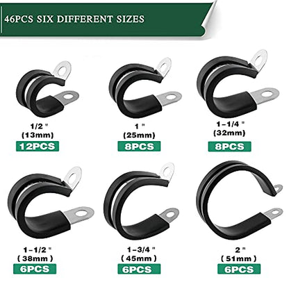 OURU 46PCS Cable Clamps Assortment Kit,Rubber Coated, 1/2"-2" 6 Sizes - size: 46pcs - 1/2", 1", 1-1/4", 1-1/2", 1-3/4", 2"