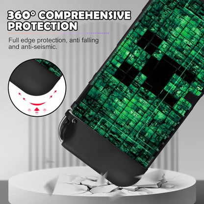 DLseego My World MC Protective Case for Switch OLED New Model, Dockable Soft Shell Cute Cover Case for Joycon Controller with 4PCS Thumb Grips Caps - Green OLED - color: Green OLED