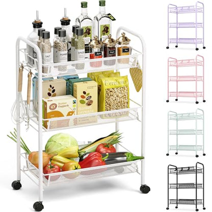 TOOLF 3 Tier Rolling Cart, Metal Utility Storage Cart with Wheels, White - color: White, size: 3-Tier