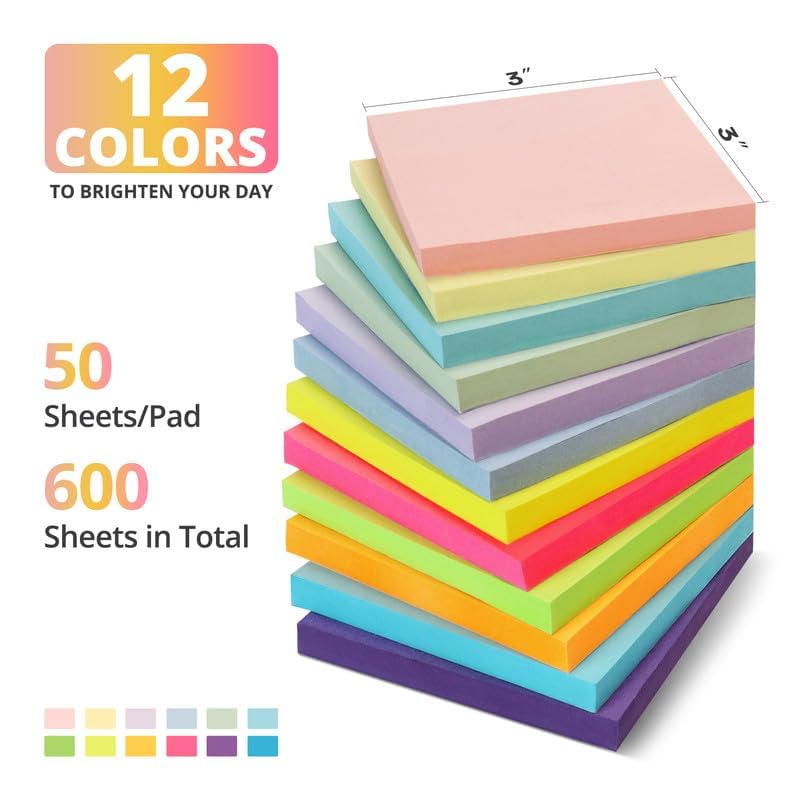 Taja 12 Pads Sticky Notes, 3 x 3 Inches, 12 Pastel Colors, 50 Sheets/Pad