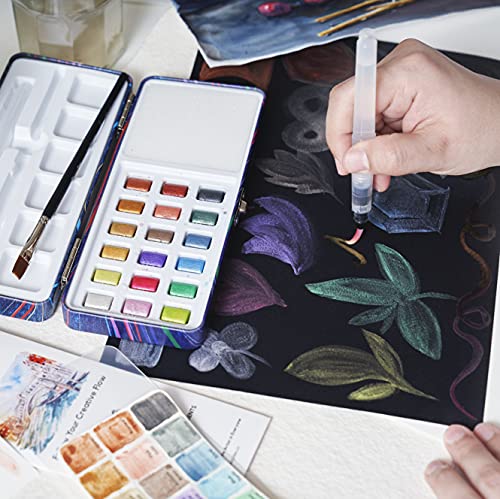 Metallic Watercolor Paint Set with Brush for Beginner- PREZIOSO 18 Half-Pan