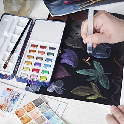 Metallic Watercolor Paint Set with Brush for Beginner- PREZIOSO 18 Half-Pan