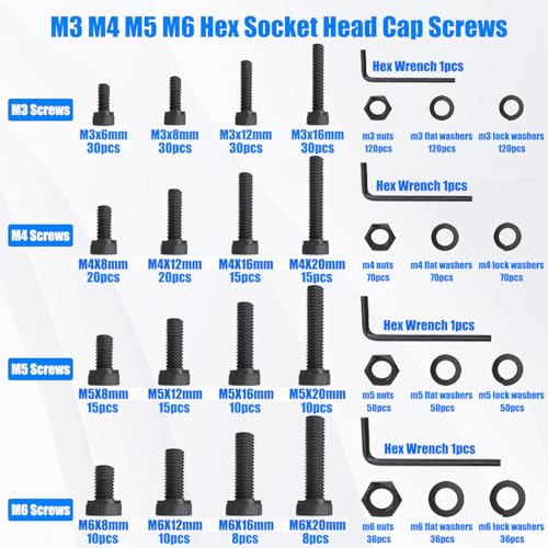 1108PCS Metric Screw Assortment Kit, M3 M4 M5 M6 Metric Bolts and Nuts Kit with with Lock & Flat Washers, 12.9 Grade Alloy Steel Hex Socket Head Cap Screws for 3D Printing - size: M3 M4 M5 M6-1108PCS