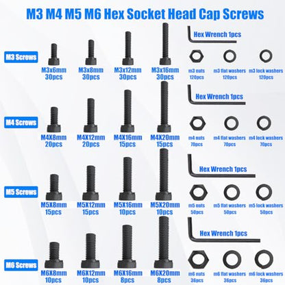 1108PCS Metric Screw Assortment Kit, M3 M4 M5 M6 Metric Bolts and Nuts Kit with with Lock & Flat Washers, 12.9 Grade Alloy Steel Hex Socket Head Cap Screws for 3D Printing - size: M3 M4 M5 M6-1108PCS