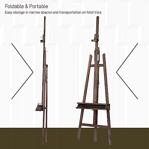 American Oak Inclinable Studio Art Easel, Hold Canvas up to 48”, Deluxe Wooden Large Adjustable A-Frame Lyre Style Floor Painting Easel Stand with Storage Tray, Grey Walnut Finish