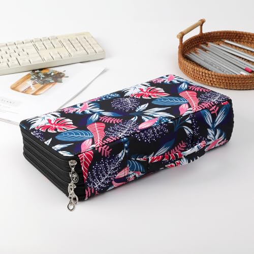 300 Slots Canvas Pencil Case 4-Layer Zipped Holder w/Handle - color: Black Leaves, size: 300
