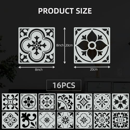 16 PCS Talavera Spanish Tile Stencil Set 8x8 - Reusable Floor Stencils - size: 8 X 8 Inch
