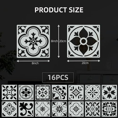 16 PCS Talavera Spanish Tile Stencil Set 8x8 - Reusable Floor Stencils - size: 8 X 8 Inch