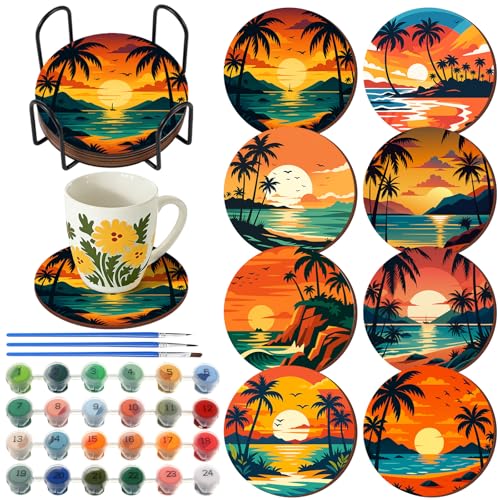 Reallnaive 8 Pcs Beach Paint by Numbers Kit for Adults Coastal Coasters - style: Beach