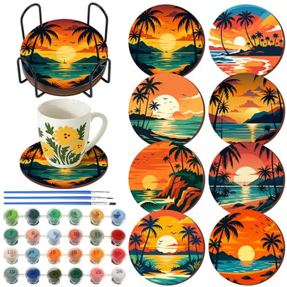 Reallnaive 8 Pcs Beach Paint by Numbers Kit for Adults Coastal Coasters - style: Beach