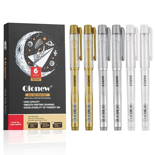 Qionew 3 Colors Gel Pen Set, 6 Pack, 0.7mm Fine Point White Gel Ink Pens