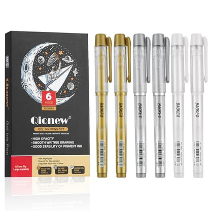 Qionew 3 Colors Gel Pen Set, 6 Pack, 0.7mm Fine Point White Gel Ink Pens