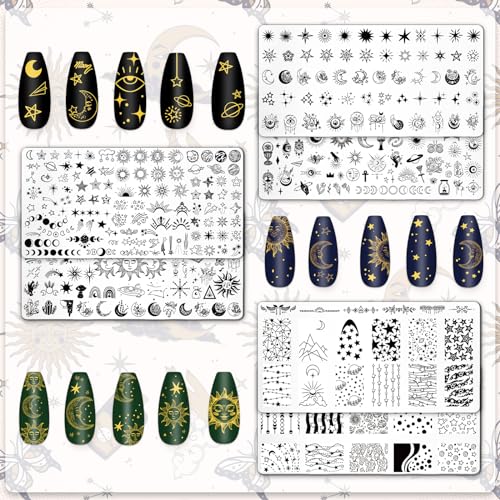 Whaline 6 Pcs Sun Moon Star Nail Plates Stamping Set - style: Sun Moon Star