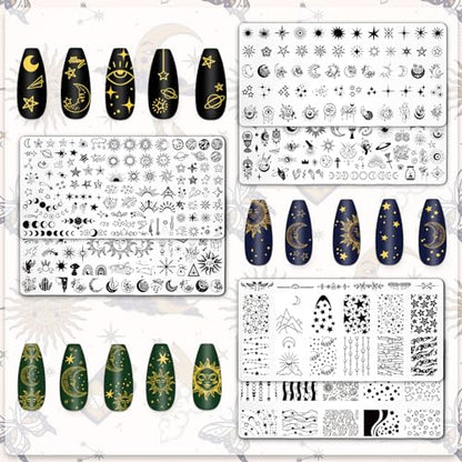 Whaline 6 Pcs Sun Moon Star Nail Plates Stamping Set - style: Sun Moon Star