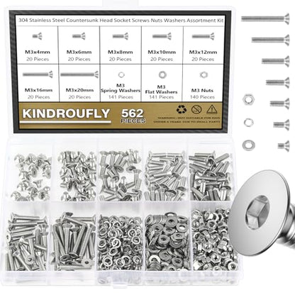 562 Pieces M3 x 4/6 /8/10 /12/16 /20mm Countersunk Head Socket Cap Screws Nuts Washers Assortment Kit, 304 Stainless Steel, Fully Machine Thread - size: M3, style: Countersunk Head Socket Cap