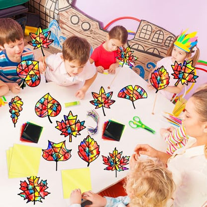 EggSun 36 Sets Fall Thanksgiving Maple Leaf Suncatchers Craft Kit for Kids Ornaments Stained Glass Window Arts and Crafts Kit for Classroom Holiday Projects Home Party Favors Decorations Ages 4 8 12 - style: Fall Maple Leaf