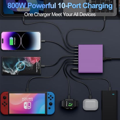 800W USB C Charger Block,10-Port Charging Station - color: Purple