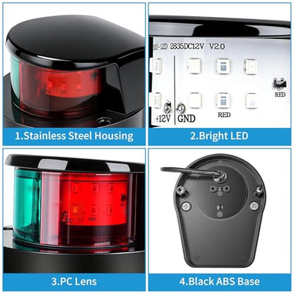 Obcursco Boat Navigation Lights, Red and Green LED Light, Boat Accessories - color: Black