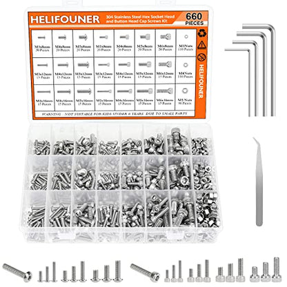 HELIFOUNER 660 Pieces M3 M4 M5 M6 Hex Socket Head Screws and Button Head Socket Cap Screws Nuts Assortment Kit, 304 Stainless Steel - size: M3 M4 M5 M6