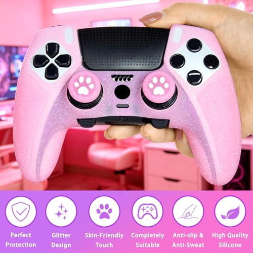 Pink Glitter Anti-Slip Protective Silicone Cover Skin Grips Compatible with ps5 dualsense Edge Controller,8 PCS Glitter Thumb Grips Caps and 2 Grips Caps. - color: Glitter Pink