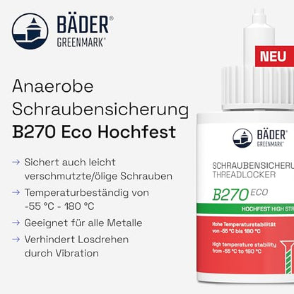threadlocker B270Eco high Strength reen 50ml Bottle - high Temperature Resistant, Fluorescent - Works on All Metals and Threads - Quality Made in Germany