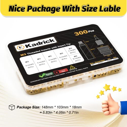 KADRICK 300PCS M3 Heat Set Inserts Kit,M3*(3mm-10mm)*4.5mm with Insert Tip - size: M3 Kit H3-10mm 300Pcs + Tool