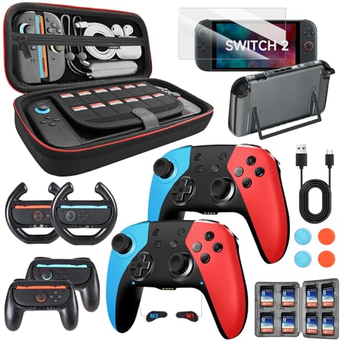 AceGamer Pro Hall Effect Controllers Accessories Bundle for Nintendo Switch 2 17-in-1: Carrying Case, Screen Protector, Grip for Switch 2 Joycons, Steering Wheel, Thumbs, Dockable Protective Cover Shell, Card Case - color: Red&Blue