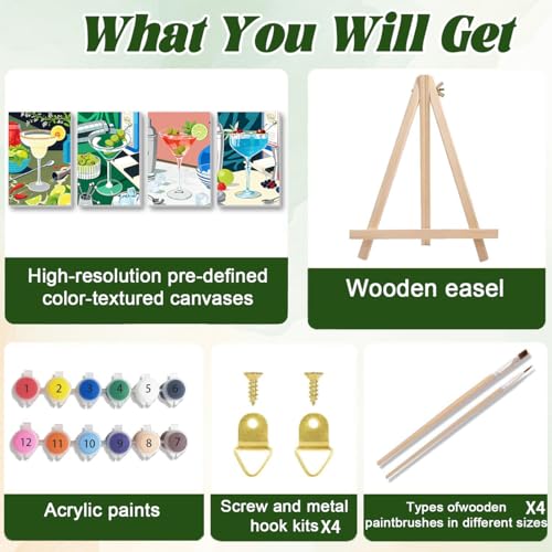 ICYANART 4 Pack Cocktail Paint by Numbers Kit for Adults with Frame Easy - color: Cocktail