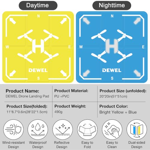 DEWEL 20 Inch Drone Landing Pad, Weighted Fast Fold Waterproof PU Drone Pad - color: 51CM(Yellow/Blue)