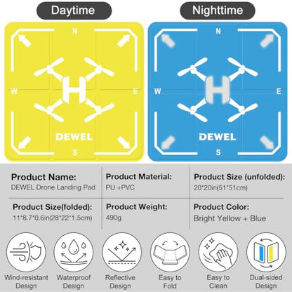 DEWEL 20 Inch Drone Landing Pad, Weighted Fast Fold Waterproof PU Drone Pad - color: 51CM(Yellow/Blue)