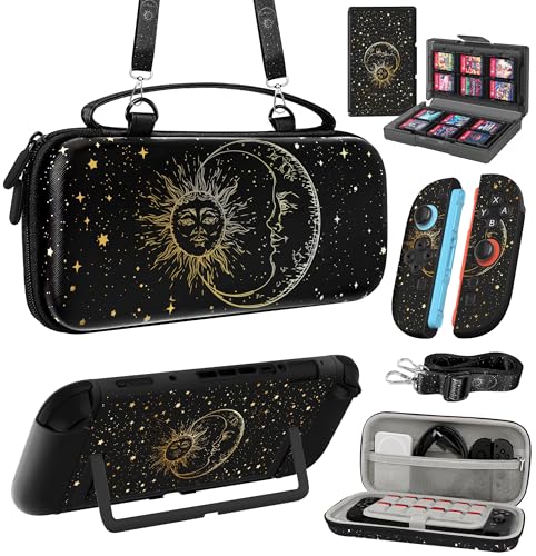 Gurgitat 6in1 Kits Accessories Bundle for Nintendo Switch 2 2025 - Cute Carrying Case, Protective Cover, Joy Con Grips, Thumb Grips, 24 Game Holder, Shoulder Strap Teens Boys Girls, Sun Moon - color: Sun Moon, size: for Nintendo Switch 2