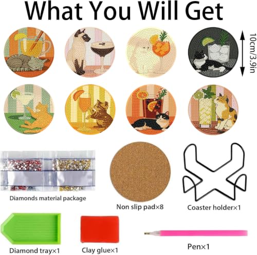 8 PCS Cocktail Cat Diamond Art Coasters with Holder - color: Cocktail