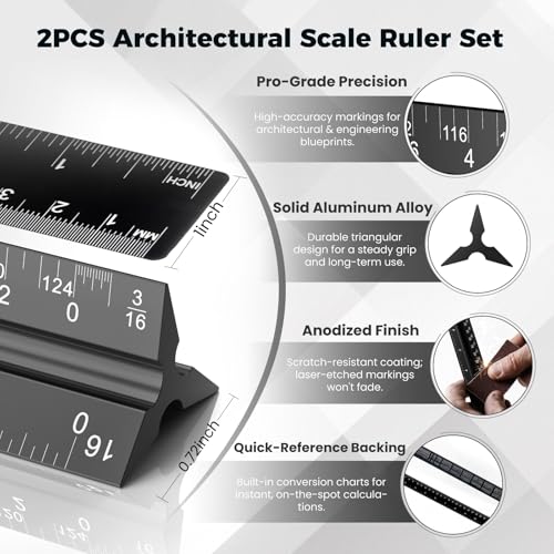 Rena Chris 2Pcs Architectural Scale Ruler, Triangular Scale & Straight Ruler, 12 Inch Aluminum Drafting Ruler Set, Laser Etched, Smooth Non-Sharp Edges, Lightweight, Inch MM Conversion for Architectur