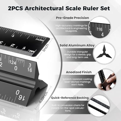 Rena Chris 2Pcs Architectural Scale Ruler, Triangular Scale & Straight Ruler, 12 Inch Aluminum Drafting Ruler Set, Laser Etched, Smooth Non-Sharp Edges, Lightweight, Inch MM Conversion for Architectur