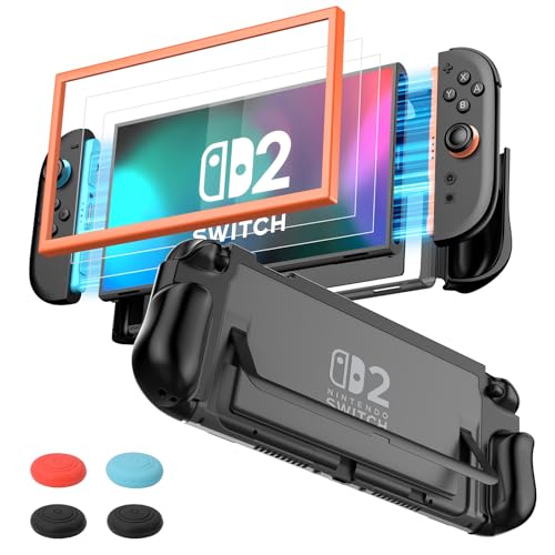 ewnol Dockable Case for Nintendo Switch 2, Protective Switch 2 Grip Case Supports Stand Use, Ergonomic Grip Cover with 2 Screen Protector & 4 Thumb Caps