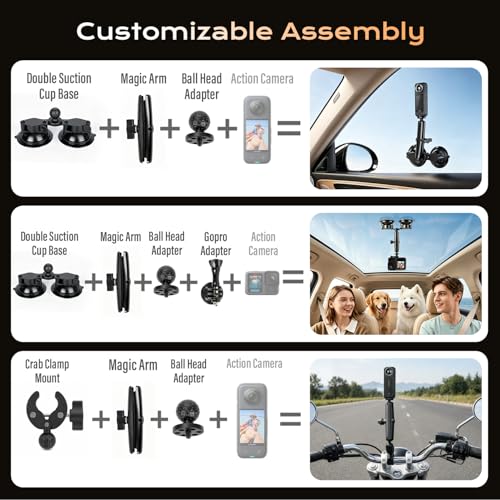 BMZX Dual & Quad Suction Cup Car Mount Kit for Insta360 X5 X4 X3, 360 Camera Car Mount for GoPro & DJI Action Cameras, Heavy Duty Windshield Mount with Magic Arm & Extension Pole